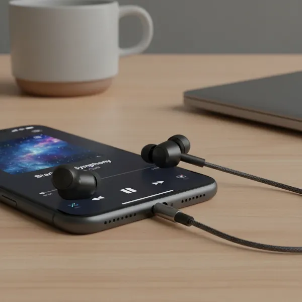 A pair of sleek Lightning connector headphones plugged into an older iPhone model, showcasing wired audio connection