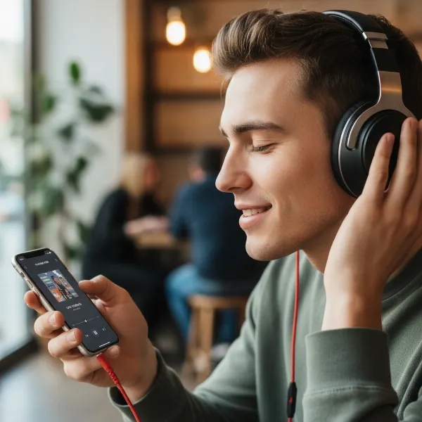 Person listening to music with low impedance headphones connected to a smartphone.