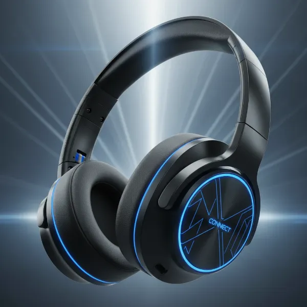 A pair of modern low-latency Bluetooth headphones, sleek and ergonomic, emphasizing technology and performance.