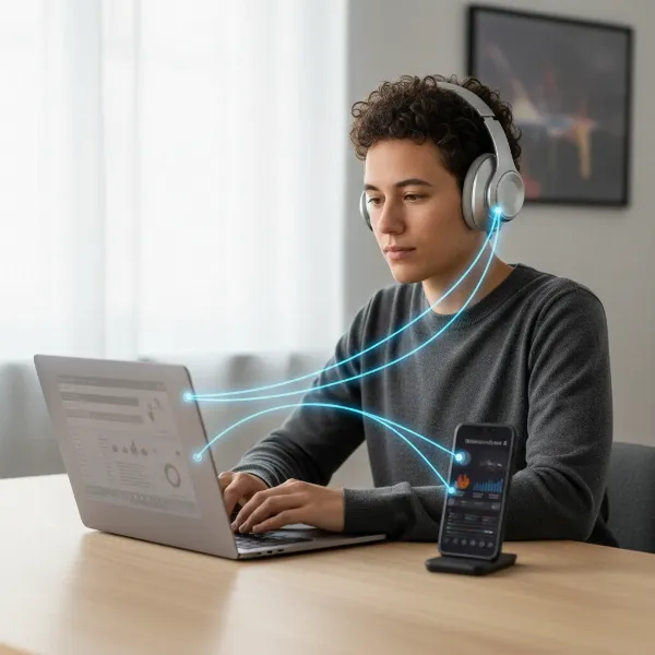 Person seamlessly switching audio between laptop and phone with multipoint headphones