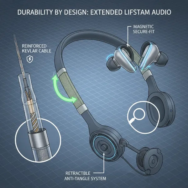 Neckband headphones demonstrating design features like flexible neckbands, reinforced cables, and magnetic earbuds for enhanced longevity.