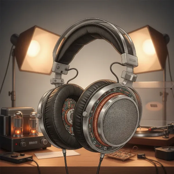 A detailed illustration of an open-back headphone showing its perforated earcups and exposed drivers for natural sound diffusion