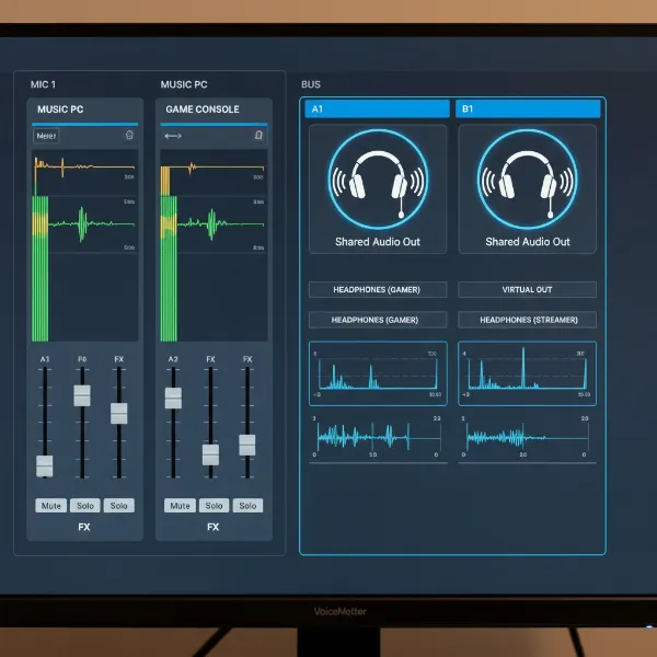 A computer screen showing virtual audio mixer software with multiple audio outputs configured, representing software-based audio sharing.