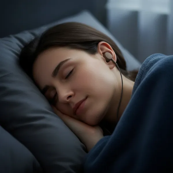 A person comfortably using low-profile sleep earbuds in bed, highlighting comfort and sound isolation.