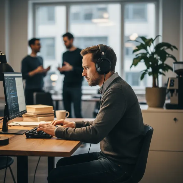 Professional focused on work with noise-canceling headphones in a busy office environment