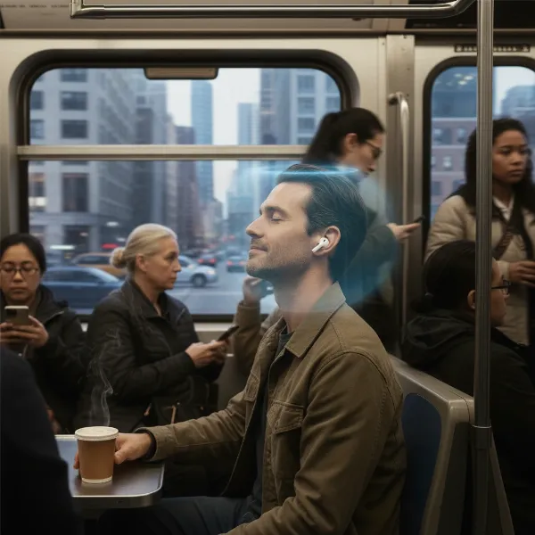 A person wearing Google Pixel Buds Pro 2 in a busy environment, demonstrating effective noise cancellation.