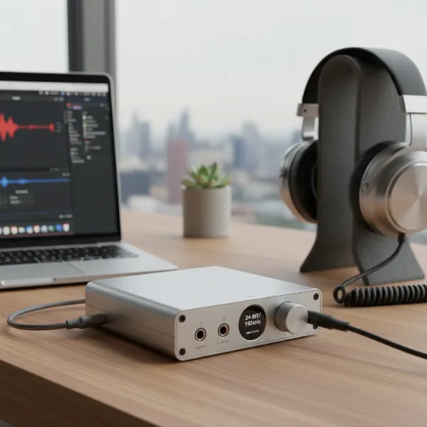 A compact, integrated DAC/amplifier combo unit for portable or desktop use.