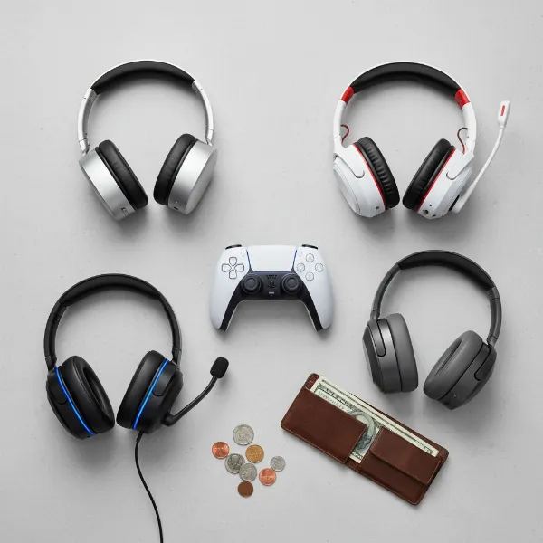 Various types of wireless headphones and a PS5 controller, with a wallet and coins, illustrating budget considerations.