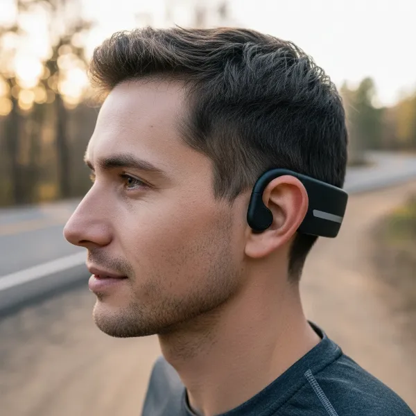 Close-up of Shokz OpenRun on a runner, highlighting secure, lightweight, and comfortable fit.