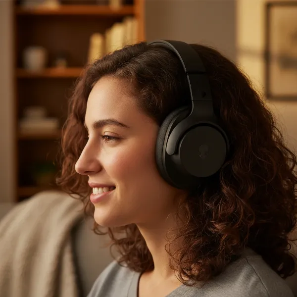 A person wearing Skullcandy Crusher Evo headphones comfortably, showcasing the over-ear design and plush earcups from a side profile. Soft lighting, focus on ergonomics.