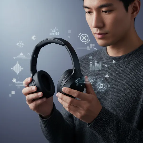 A person thoughtfully examining Sony WH-1000XM6 headphones, symbolizing the decision-making process for purchase.