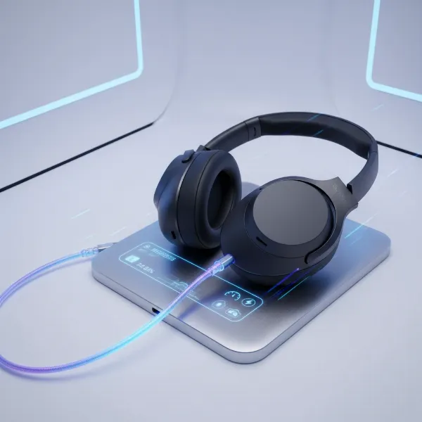 Sony WH-1000XM6 headphones connected to a USB-C charger, with a visual representation of fast charging.