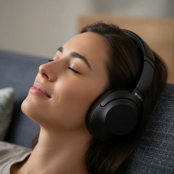 Sony WH-1000XM6 headphones on a person, highlighting their comfortable and ergonomic design for long-term wear.