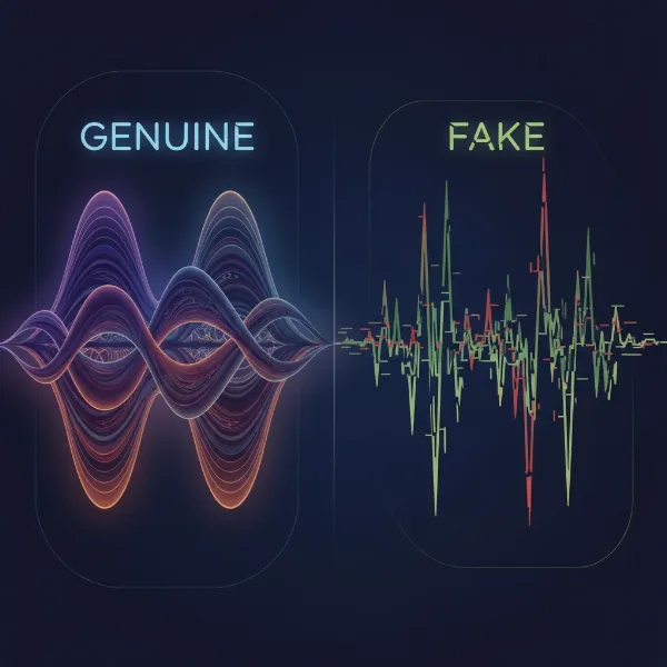 Visual representation of sound wave comparison showing differences between genuine and fake headphone audio quality