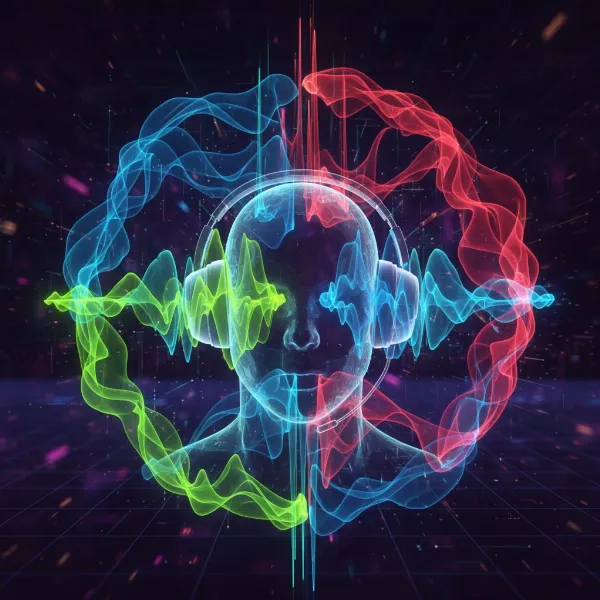 Abstract representation of spatial audio creating a 3D sound environment around a gamer's head.