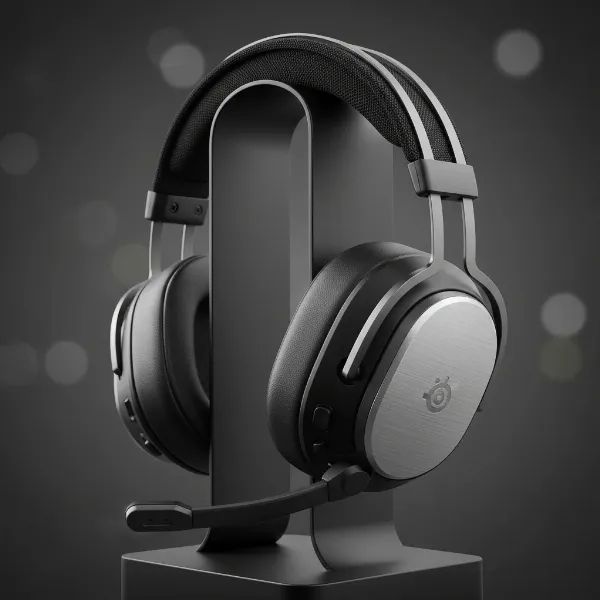 Close-up of SteelSeries Arctis Nova Pro headset on a stand, showing earcups, headband, and retractable mic.