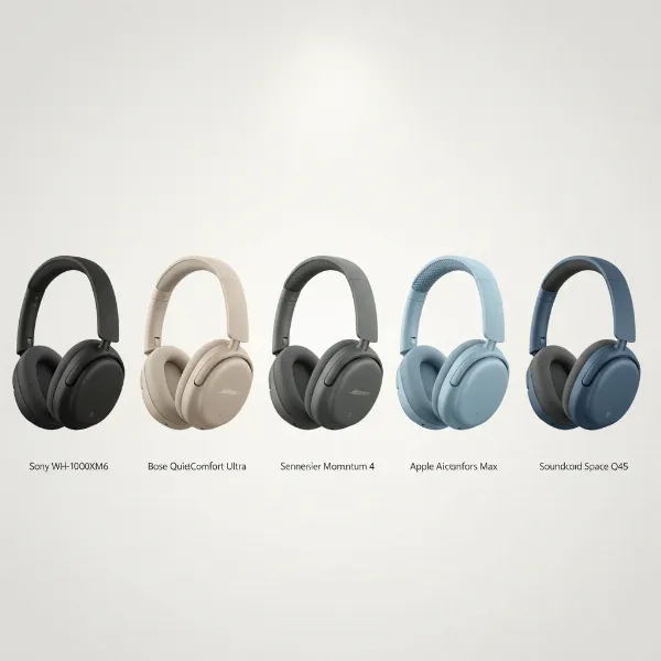 A visual comparison display of the top 5 noise-cancelling headphones for travel, showcasing different models. 
