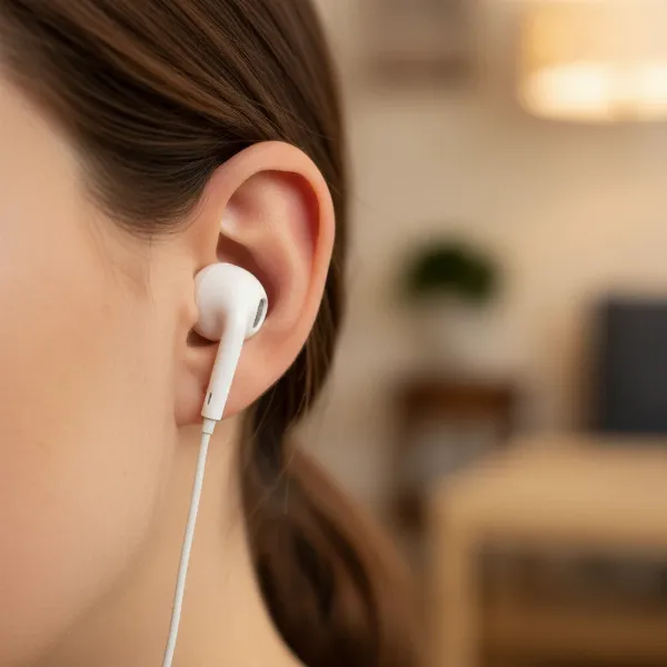 A traditional earbud resting loosely in the outer ear, emphasizing its non-sealing design.