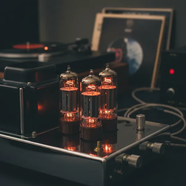 A vintage tube amplifier with its warm, orange-glowing vacuum tubes against a dark background, highlighting its aesthetic appeal.
