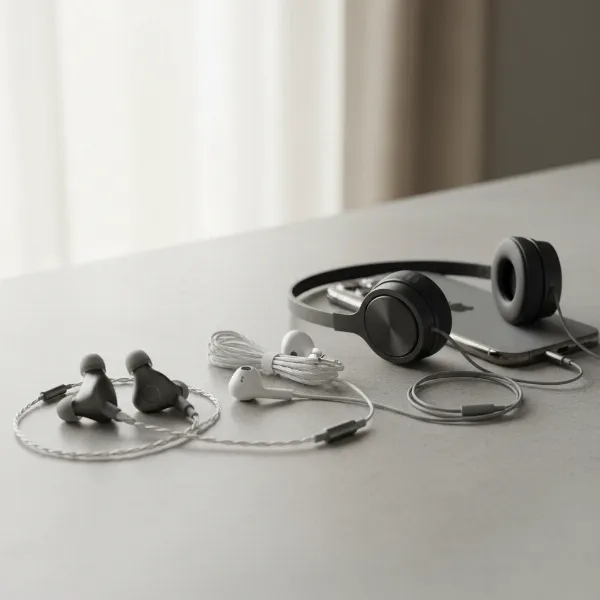 A selection of modern USB-C headphones, including in-ear and possibly a compact on-ear design, with an iPhone 15 nearby