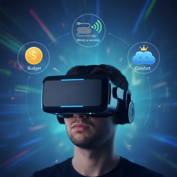 A person wearing a VR headset, with thought bubbles illustrating factors like budget, wired/wireless choice, and comfort as part of a buying guide.